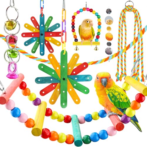 QUOZUO 8 pcs Bird Toys for Parakeets with Colorful Ladder Hammock Bird Cage Accessories Bird Perch Stand Chewing Toys Hanging Bell Parrot