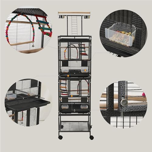 68" Double Bird Cage,Stackable Divided Parakeet Cage, Parrot Cages for Medium Birds with Bird cage Toys,Birdcage Seed Catcher,for Cockatiels Canaries Lovebirds Finches Budgies Small Parrots