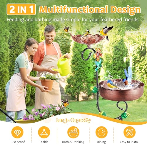 2 in 1 Bird Bath for Outside, Freestanding Large Bird Feeder Birdbaths for Outdoors, Garden Metal Bird Baths Bowl for Patio Yard, Copper - size: 36‘’