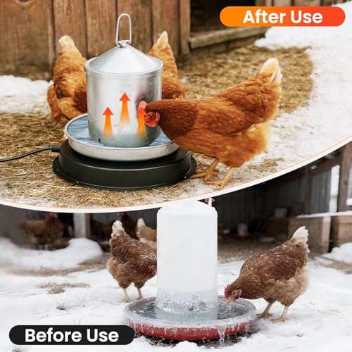 Chicken Water Heater for Winter, 11'' Heated Waterer Base for 1-5 Gallon Metal/Plastic Poultry Waterer, Built-in Thermostat (77℉ Auto Shut-Off), 110W Coop Heater with 6.6ft Power Cord