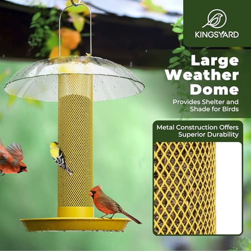 Kingsyard Finch Thistle & Nyjer Bird Feeder for Outdoors Hanging | 9.5" Rustproof Metal Removable Tray, 11.5" Weatherproof Dome, 2.5 lb Seed Capacity, Garden & Backyard Birding Gift, Yellow - color: Yellow