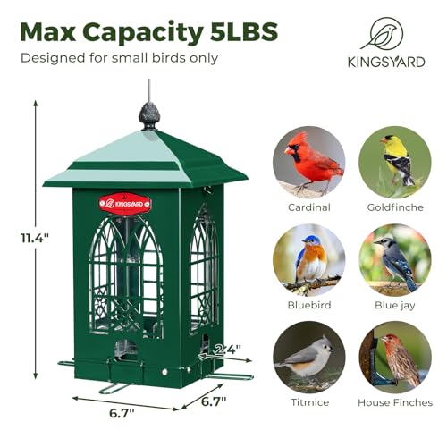Kingsyard 5 Lbs Squirrel Proof Bird Feeders with Weight-Activated Perches | Large Metal Bird Feeder House for Outdoors, Weatherproof, Great for Small Wildbirds Cardinal Finch Bluebird, Green - color: Green