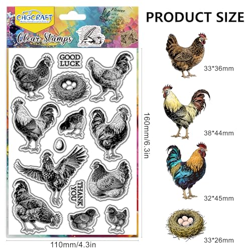 CHGCRAFT Realistic Chicken Clear Stamps Egg Transparent Stamps Farm Silicone Clear Stamp Seals for DIY Scrapbooking Photo Album Decoration, 4.3×6.3 inch - style: Realistic Chicken