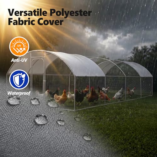 Metal Chicken Coop with Waterproof Curved Roof, 26.3×9.8×6.4ft | Thickened Steel Frame, Predator-Proof Wire, Weatherproof & UV Resistant Cover, Detailed Assembly Guide & Tool Kit - size: 315.6"L x 118.1"W x 76.8"H