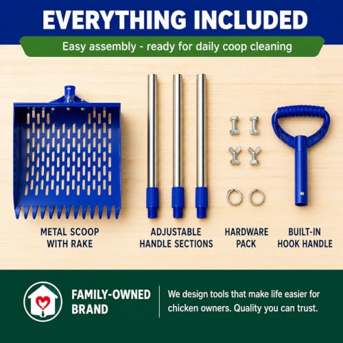 Chicken Poop Scooper with 74" Adjustable Handle – Heavy Duty Metal Chicken Coop Cleaner, 10.2" Wide Sifting Scoop with Built-in Rake & Hook for Sand, Pine Shavings & Manure