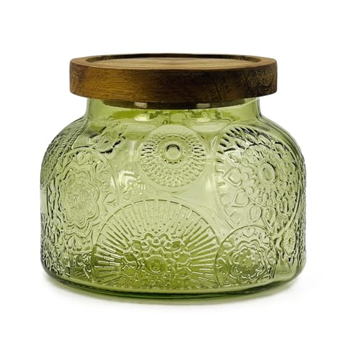 Decorative Green Embossed Glass Jar with Airtight Wooden Lid, 25.4 fl. oz | Wide mouth vintage storage canister, kitchen pantry bathroom organization, coffee sugar tea cookie candy candle vase gift - size: 25.4 Ounces, style: Green Flower