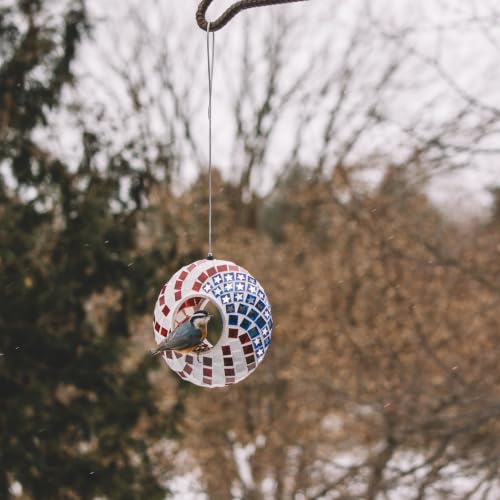 Backyard Expressions Hanging Glass Bird Feeder - Patriotic - Fly Through Bird Feeders for Outside, Mosaic Bird Feeder, Round Shape Wild Birdfeeder - color: Red, White & Blue