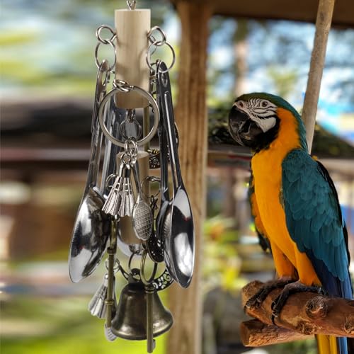 Kenkont Metal Spoon Bell Parrot Toy, Hanging chew Toy | Stainless steel spoon and bell, crisp sound, durable, relieve boredom, perfect cage decoration