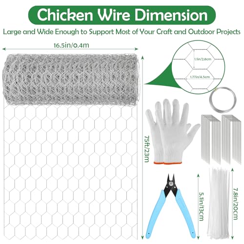 Floral Chicken Wire for Craft, 15.7 Inch x 75 FT Lightweight Galvanized Hexagonal Chicken Wire Netting, Silver Chicken Wire Fence for Garden Poultry Chicken Wire Mesh with Gloves, Wire Ties, Plier - size: 15.7 Inch x 75 FT