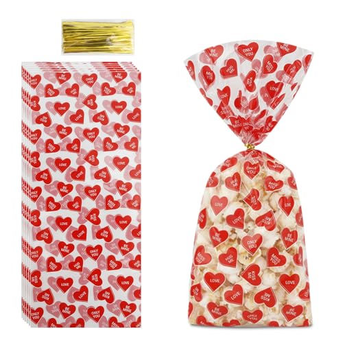 Valentines Treat Bags, 100 PCS Valentines Goodie Bags, Valentines Day Plastic Goodie Candy Goody Cookie Favor Ziplock Cellophane Treat Bags for Classroom Party Small Mini Valentines Gift Bags Bulk - color: 100pcs-Valentine bags