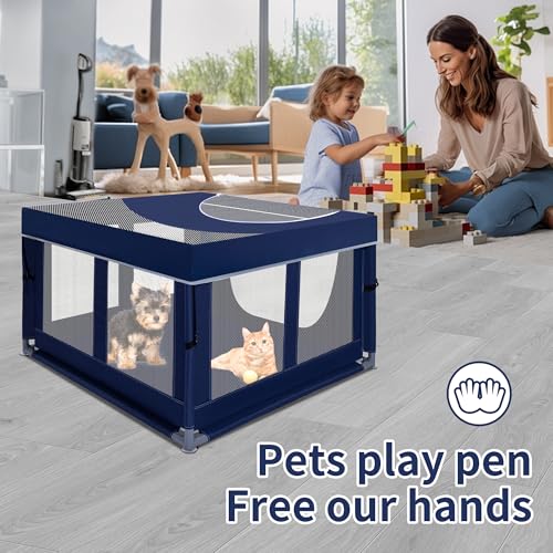 Dog Kitten Playpen with Play Pen Cover for Cat Indoor, 41 x41 x25.5 Puppy Playpen for Small Pet with See-Through Topper Proof Enclosed Door Dog Pen, Sturdy Warm Protable Play Pen for Cat - color: Royal Blue, style: 41'x41'x25.5' with Cover