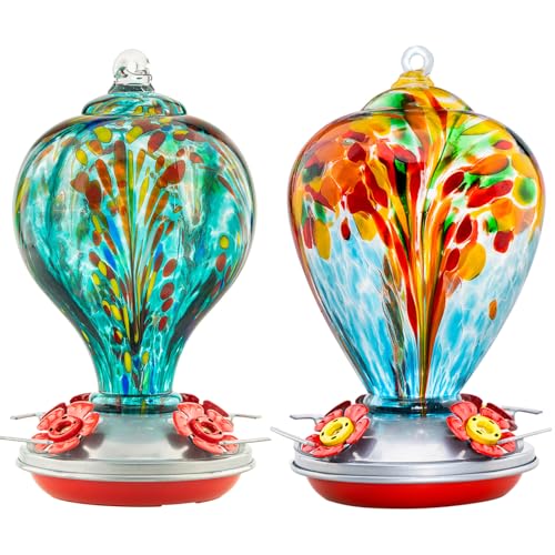 2 Packs Hummingbird Feeder for Outdoors Hanging Ant and Bee Proof, 32OZ & 34OZ, Hand Blown Glass Hummingbird Feeders for Outside, Blue & Teal | LaElvish Garden 2 Packs Hummingbird Feeder for Outdoors Hanging Ant and Bee Proof, 32OZ & 34OZ, - color: Blue &
