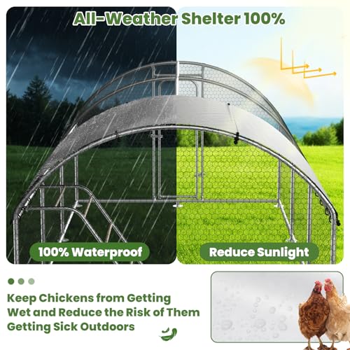 Large Metal Chicken Coop Run with Roosting Perch | Dome roof walk-in poultry cage with waterproof UV-resistant cover, 10' W x 19.7' L x 6.4' H outdoor run - size: 236.4"L x 117.6"W x 76.8"H
