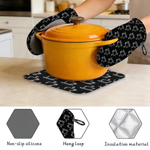 Tea Cups Oven Mitts and Pot Holders Sets,Extra Long Black Kitchen Mittens for Cooking,Thick Cotton Heat Resistant Silicone Cooking Utensils Set for Baking Cooking Grilling - color: Tea Cups
