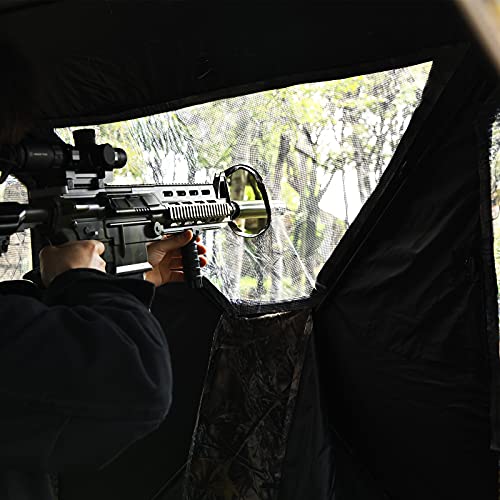Tangkula 3 Person Pop up Ground Blind, Portable Hunting Blind with Mesh Windows, Carrying Bag & Ground Stakes, Camouflage Hunting Tent with Hub System, Camo Deer Blinds for Hunting - style: Trapezoidal window