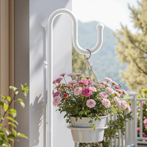 74" Shepherds Hook Stand: Hanging Bird Feeders, Plants, Wind Chimes, White | Heavy Duty, Adjustable, Free Standing Pole Holder with Heavy Duty Base for Indoor & Outdoor, Holds Up to 20 LBS - color: White
