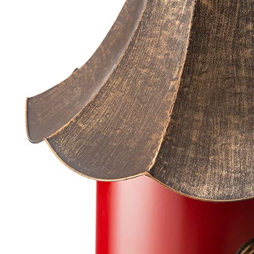 Glitzhome 32”H Metal Hanging Birdhouse for Outdoors Oversized Farmhouse Pagoda Painted Bird House with Bronze Roof for Bluebird Wren Chickadee Sparrow Bird Nest Box for Garden Patio, Retro Red - color: Retro Red