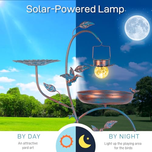 dreamysoul Metal Bird Bath for Outside, Birdbaths Outdoors with Planter and Feeder, Garden Blue Bird Baths with Solar Lights
