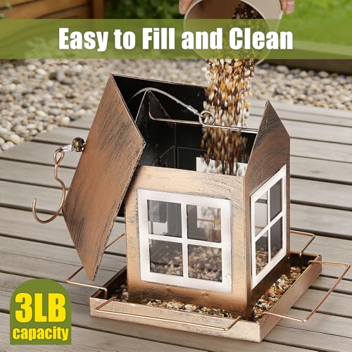Bird Feeder, Waterproof Bird Feeders for Outdoor Hanging | Heavy Duty Metal, 3LB Large Capacity, 4 Perches, Drain Holes, For Outside Garden Yard Country Hanging, House Shape - size: Standard