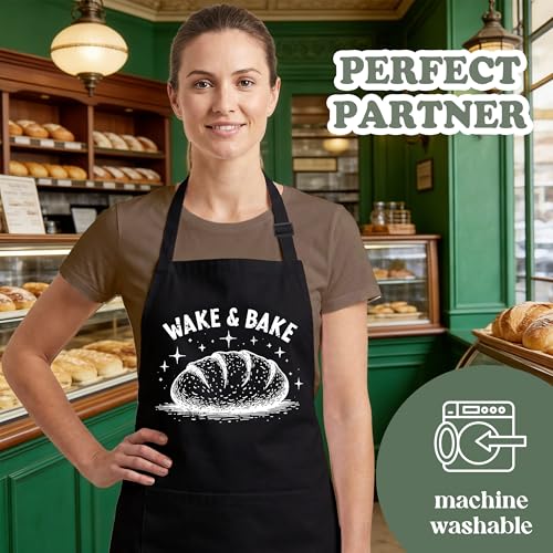Wake & Bake Sourdough Apron for Women with Large Pockets - Funny Baking Aprons, Adjustable Professional Kitchen Apron for Bread Making, Grilling - Unique Sourdough Gifts for Bakers & Moms - C19 - color: Wake & Bake