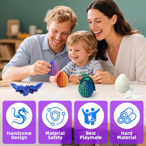 4 Pack 3D Printed Dragon Egg - Small Scale Egg with Winged Dragon Inside, Surprise 3D Printed Gift Toy, Desk Executive Pet, Figurine Decor, Christams Easter Stuffers - color: Purple+green Blue+red Gold+glow Rainbow