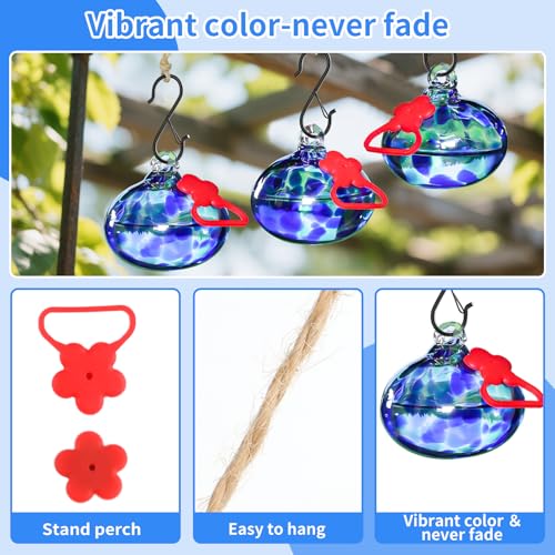 Pozfun Small Hummingbird Feeders for Outdoors Hanging,Hand-Blown Glass Hummingbird Feeder with Silicone Feeding Perch,Never Leak,Gardening Gifts for Woman Man - color: Dotted Blue