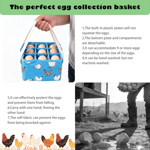 Eggs Collecting Basket, Durable Canvas Egg Basket with Plastic Board, 9-Pouch Chicken Egg Holder Bag for Gathering Fresh Eggs, Egg Gathering Basket and Multipurpose Chicken Holder Bag (Blue)