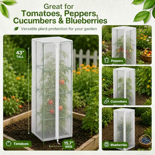 Halatool Garden Tomato Plant Cover Netting, Fits 40–50" Square Tomato Cages | Garden Bird Netting with Zipper & Drawstring, Insect Barrier, Plant Covers from Insects Animals, 4 Pack, 43"×15.7" - color: 4 Pack, size: 43 inch