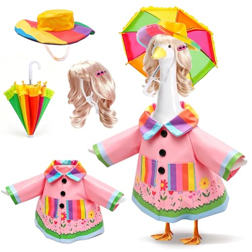 4 Pcs Porch Goose Raincoat with Wigs, Outfits and Clothes, Spring Summer Goose Statue Raincoat Costume, 23" Geese Statue Clothes for Patio Yard Lawn Outdoor Decor - color: Pink Garden Raincoat