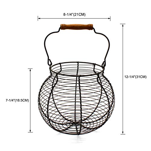 Antique Wire Egg Basket with Wood Handle Primitives Vintage Gathering Basket. Rusty - size: 8-1/4" Dia. x 7-1/4" H - Rusty