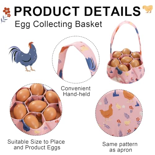 Egg Collecting Apron and Basket, 8 Pouches Chicken Egg Apron for Kids, 7 Pouches Egg Basket for Gathering Fresh Eggs - color: Pink