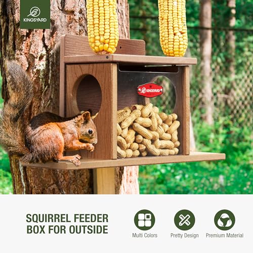 Kingsyard Squirrel Feeder Box for Outside, Recycled Plastic Squirrel Feeder Box with Corn Cob Holders, Easy to Refill & Clean, Weather-Proof (Brown) | Recycled Plastic, Corn Cob Holders, Extended Side Platform, Easy to Refill & Clean, Weatherproof Roof, B