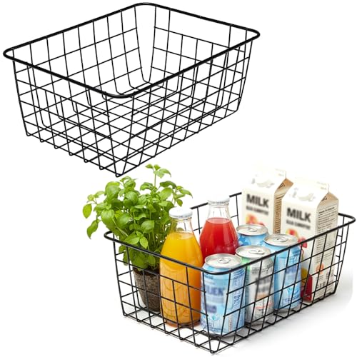 Kitchen Wire Baskets Farmhouse Decor Metal Food Storage Organizer, Household Refrigerator Bin with Built-in Handles for Cabinets,Pantry Set of 2 Black - color: Black, size: 2 Pack Small