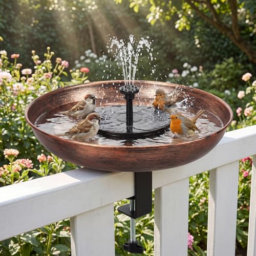 Edenseelake Deck Mounted Metal Bird Bath with Solar Powered Fountain for Outside, Detachable Birdbaths Bowl with Adjustable Steel Clamp for Feeder Railing Balcony Fence Yard
