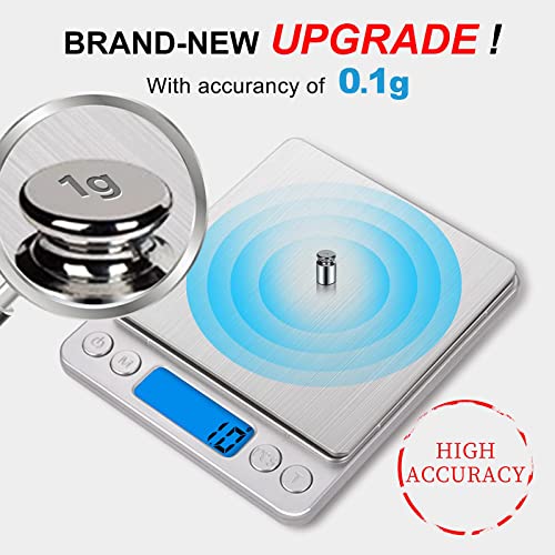 Small Digital Food Scale Ounce/OZ and Gram Scale, Kitchen Scale 3000g/0.1g High Precision for Baking, Soap Making, Jewelry, Includes 2 Trays and Batteries, 9 Units, Tare Function, Easy to Store - color: Silver
