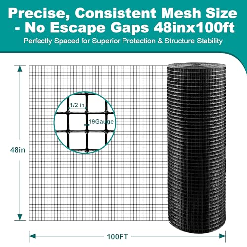 Black Hardware Cloth, 48'' x 100' 1/2 inch 19 Gauge, Chicken Wire Fencing, Welded Wire Fencing, Wire Mesh Roll, Cage Wire, Garden Fencing, Wire Cloth, Animal Enclosure & Garden Protection
