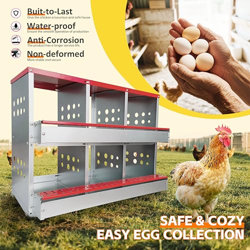 6-Compartment Roll Away Chicken Nesting Box for Hens, 32.6 Inch | Metal build, Egg collection tray, Perch, Protective lid, Wall mount, Freestanding setup, Ducks, Backyard coop, Barn supply - size: 32.6"L x 16.9"W x 24.4"H