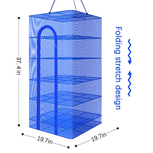 Hanging Drying Net Foldable Drying Rack Net Dryer 19.7"x19.7"x37.4" 6 Layer Folding Fish Mesh Collapsible Dry Net with Zippers for Drying Seeds Fish Vegetables Fruit Herb Food - color: Blue