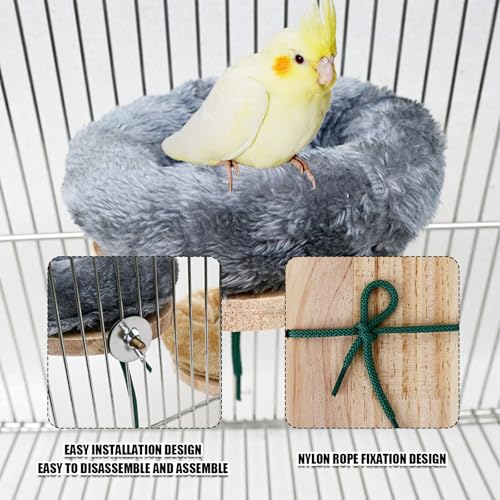 Bird Nest,1Pc Detachable Plush Parrot Hammock Bed,Winter Warm Bird House Snuggle Hut Birds Sleeping Bed Wood Perch for Budgies Cockatiel Conure Parakeet Hamster (Grey, Small) - color: Grey, size: Small