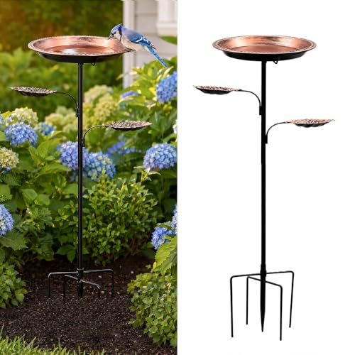 Outdoor Standing Bird Bath with 2 Feeder Bowls, 12 Inch Deep Basin for Wild Birds, Weatherproof Metal Birdbath with Upgraded 5-Prong Stake Base