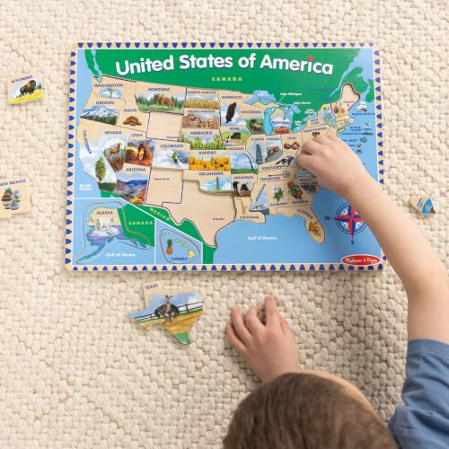 Melissa & Doug USA Map Wooden Puzzle (45 pcs) | 46 Piece Set, Wooden Puzzle Board With State Capitals, 45 State Pieces, Geography Learning Toys for Kids, Ages 5+