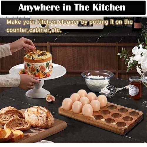 Acacia Wood Egg Holder for 18 Eggs, Rustic Countertop and Refrigerator Storage Tray, Farmhouse Kitchen Organizer with 1.5" Holes, Easy Clean Deviled Plates for Easter Decor,11.5" x 5.75" (1)