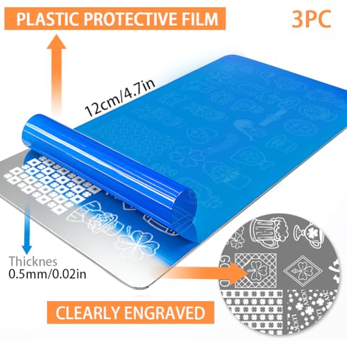 PH PandaHall 3pcs St. Patrick's Day Nail Stamping Plates, Lucky Shamrock Clovers Nail Art Templates Stainless Steel Image Plate Stencils with Tool for Women DIY Print Manicures Salon Design Supplies - style: St. Patrick's Day