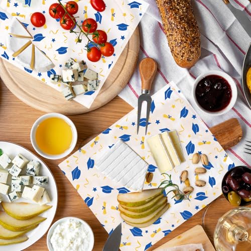JarThenaAMCS 150 Pcs Graduation Wax Paper 2026 Grad Cap Blue Gold Deli Wrap Waterproof Oil-Proof Basket Liner for Food Sandwich Picnic Party Kitchen Supplies - color: Graduation