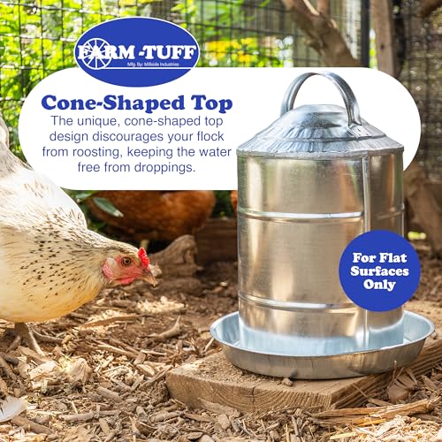 FARM-TUFF Galvanized Poultry Waterer, 2 Gallon Capacity - Double-Wall Poultry Fountain with Cone Top - Automatic Gravity-Fed Water Dispenser for Chickens, Ducks & Game Birds - size: 2 Gallon Capacity
