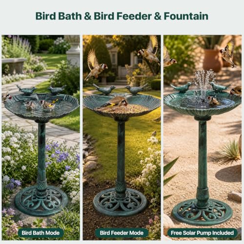 Athena Collection 31.5" Solar Powered Pedestal Bird Bath Fountain, Green | Detachable Solar Fountain Broad, 6 Spray Patterns, 5L Water Large Capacity，3 Ground Nails Included for Garden Yard Lawn - color: Green