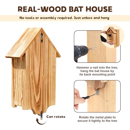 Bat House Bat Box Double Chamber Outdoor House Nursery Bat Shelter Habitatbig bat Box Handcrafted from Cedar Wood Easy for Bats to Land and Roost Weather Resistant & Ready to Install（Brown - color: Brown