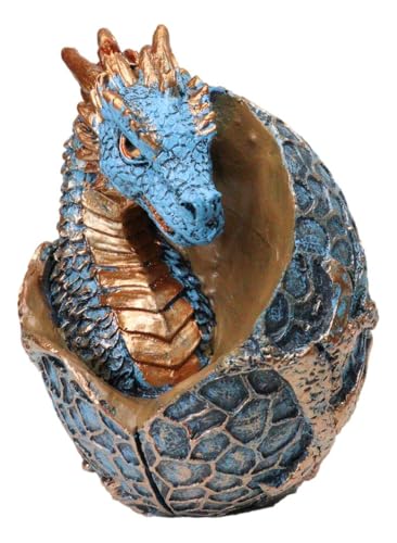 Ebros Gift Metallic Bronze and Blue Azure Dragon Hatchling in Dragon Scales Egg Figurine Medieval Gothic Fantasy Dragons Accent