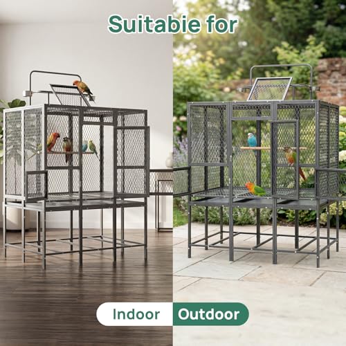 44" Carbon Steel Bird Flight Cage Detachable Playtop Indoor Outdoor | Heavy Duty Carbon Steel Flight Cage for Cockatiels, Parakeets, Conures & Lovebirds (Indoor & Outdoor Use) - color: grey with silver dots