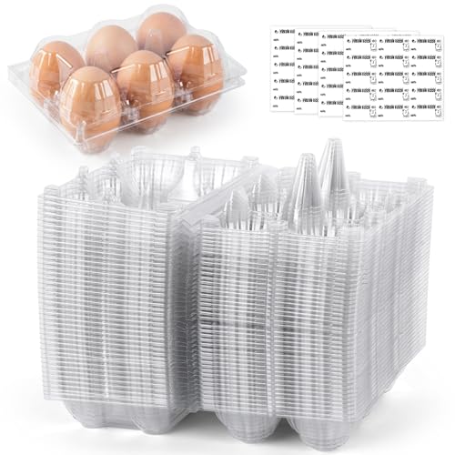HANSGO 60 PCS Plastic Egg Cartons Bulk with Date Labels, 6 Count | Clear Stackable Egg Holder for Fresh Medium, Eggs Storage, Perfect for Farm, Family, Markets Display - color: 60PK-6CT